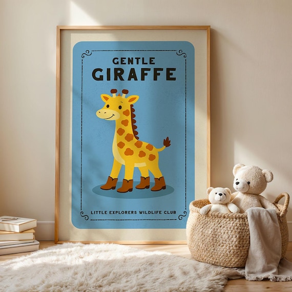 Gentle Giraffe Cute Retro Cartoon Kids Nursery Animal Wall Art