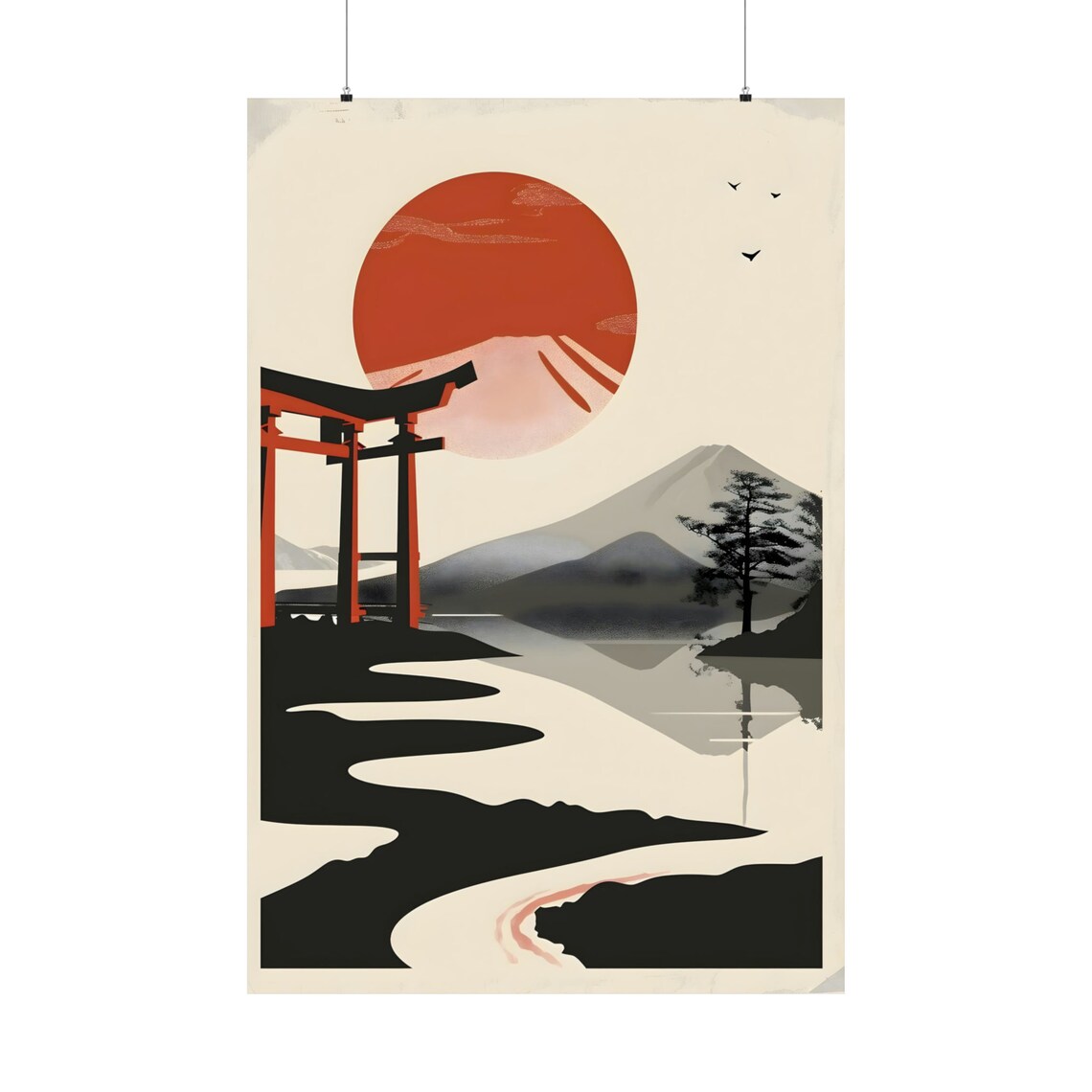 Japanese Torii Gate Red Sun Lake Mountains Zen Minimalist Poster