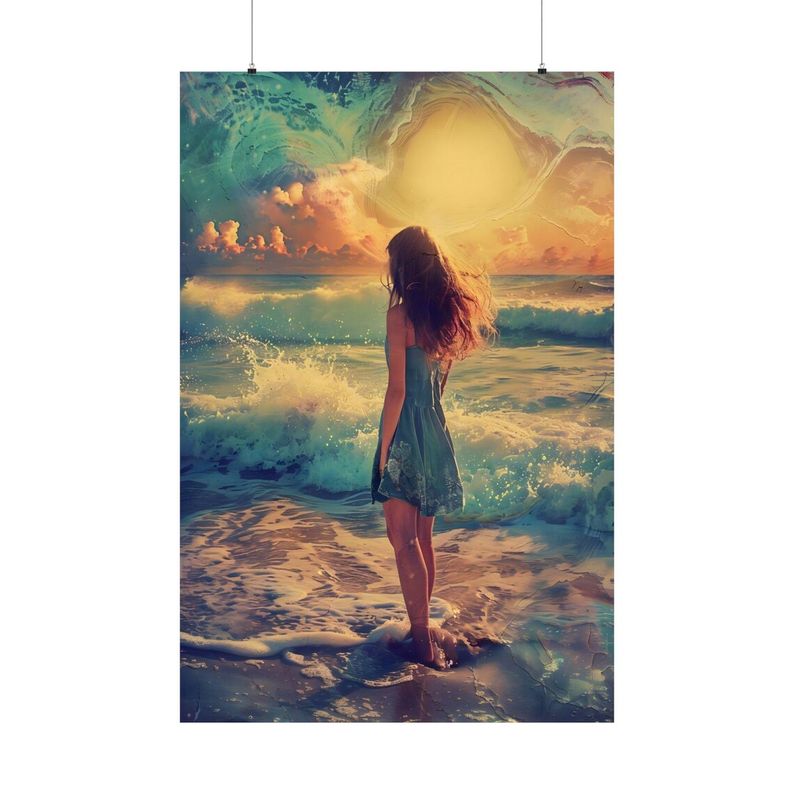 Girl in Blue Dress Walking Into Ocean Waves Sunset Beach Art Poster