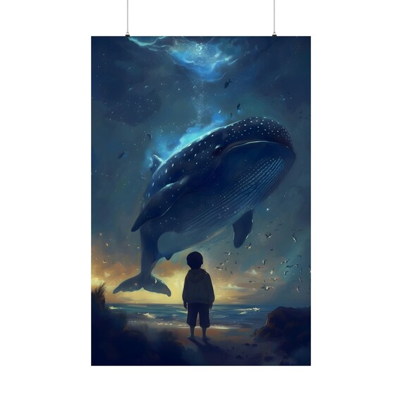 Flying Whale Poster Magic Room Decor Fantasy Print Children Wall Art Whimsical Child Decoration Boy Observer Ocean Artwork Funny Landscape