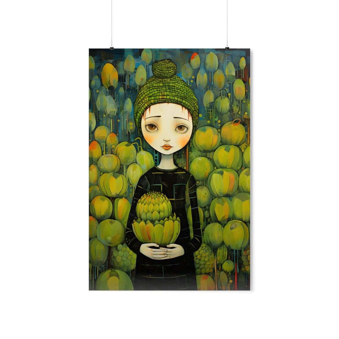 Artichoke Girl Surreal Green Botanical Fantasy Portrait Poster