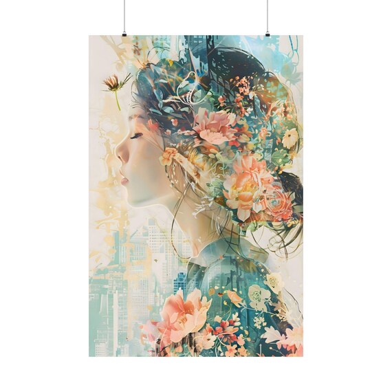 Whimsical Flower Girl Poster Abstract Wall Art Cute Cozy Coquette Room Decor Fantasy Decoration Flowery Pattern Print Pretty Lady Artwork