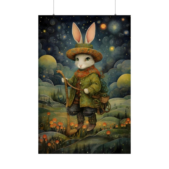 Whimsical Rabbit Traveler Storybook Night Adventure Art Poster