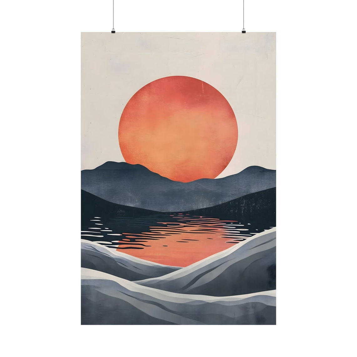 Red Sun Mountain Lake Reflection Japanese Minimalist Landscape Poster