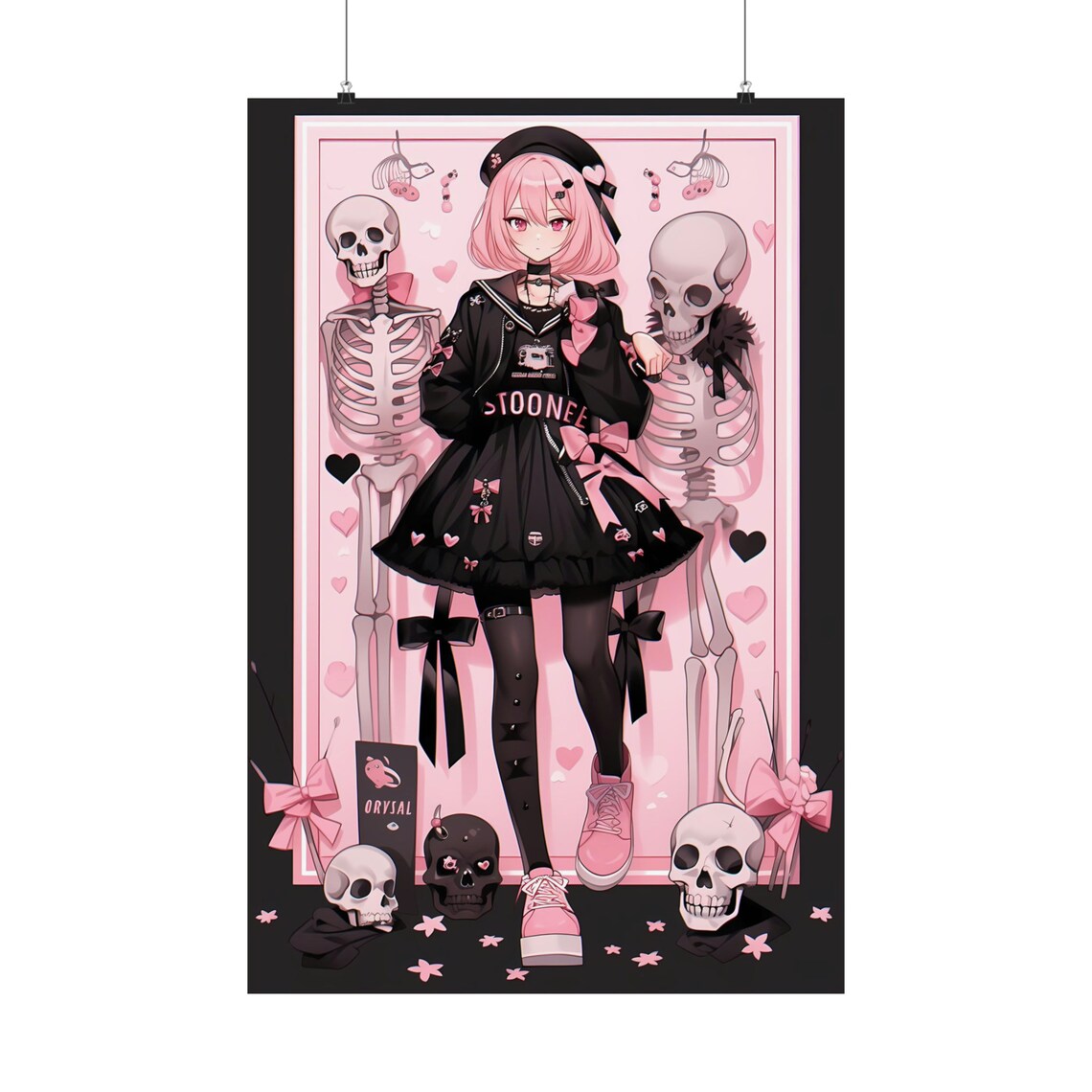 Goth Anime Girl Skeletons Pink Black Halloween Manga Art Poster
