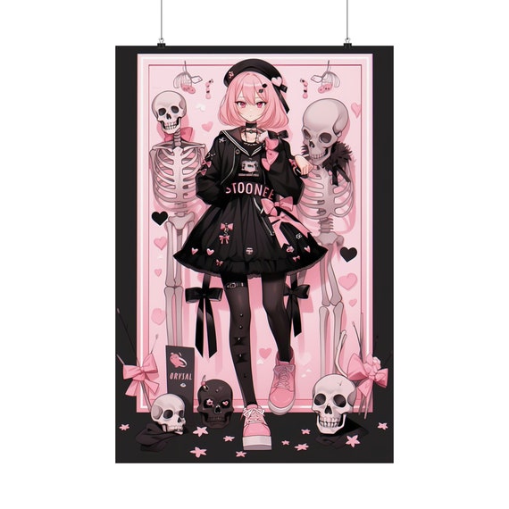 Halloween Emo Anime Girl Poster 2 Horror Skeleton Wall Art Dark Gothic Dress Manga Drawing Print Alternative Gifts Fashion Decor Paint