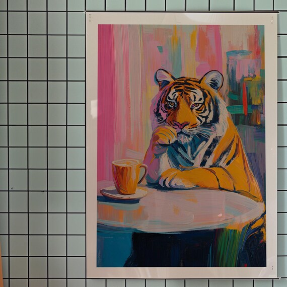 Tiger Drinking Coffee Art Print Kitsch Cafe Wall Decor