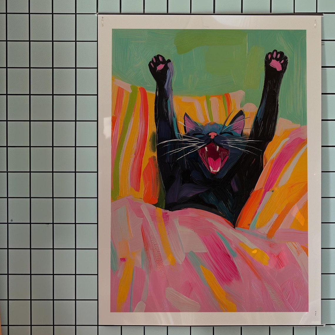 Yawning Black Cat Stretching Colorful Kitsch Painting Poster
