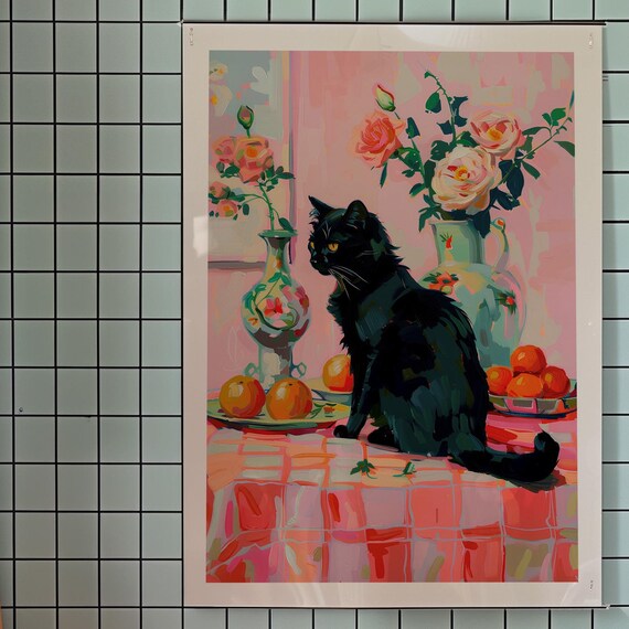 Black Cat Table Still Life Roses Oranges Pink Fauvist Kitchen Art Print