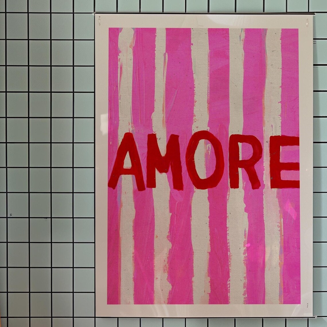 Amore Bold Red Hand Painted Typography Pink Cream Stripe Poster