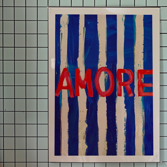 Amore Bold Red Hand Painted Typography Blue Striped Modern Print