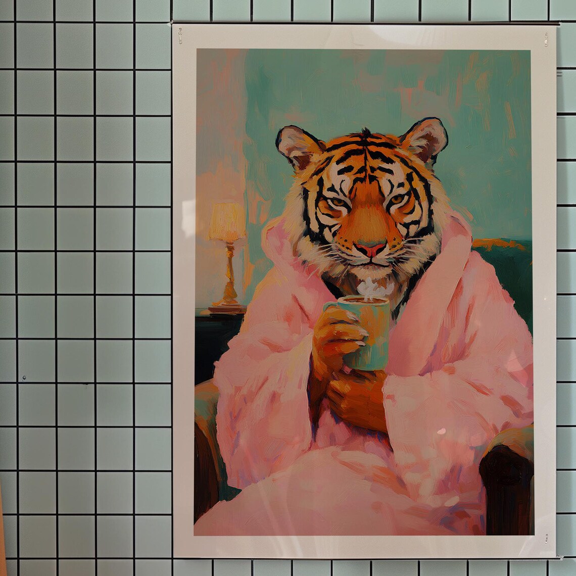 Tiger In Robe Art Print Funny Kitsch Kitchen Decor
