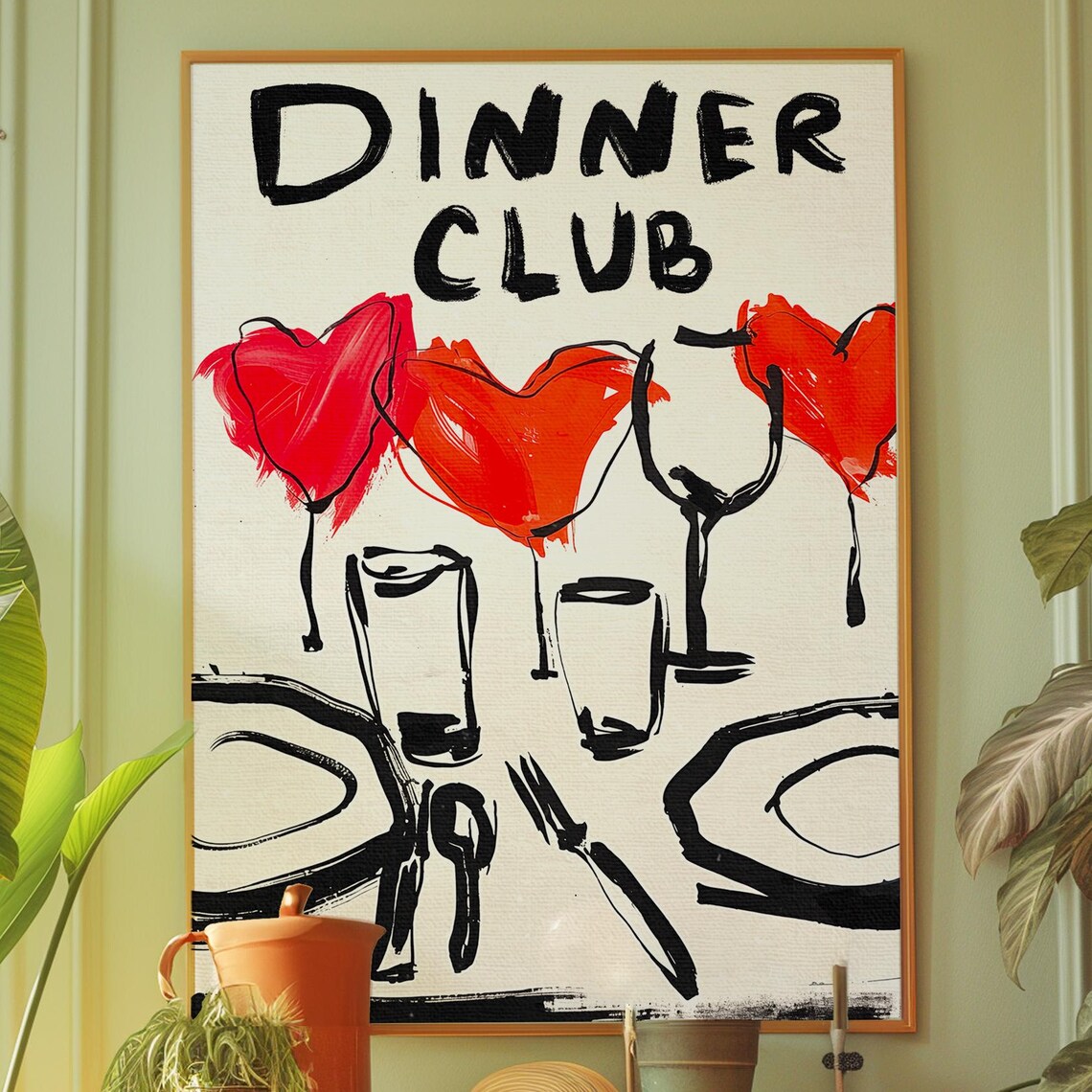 Dinner Club Red Hearts Wine Glasses Playful Modern Kitchen Wall Art