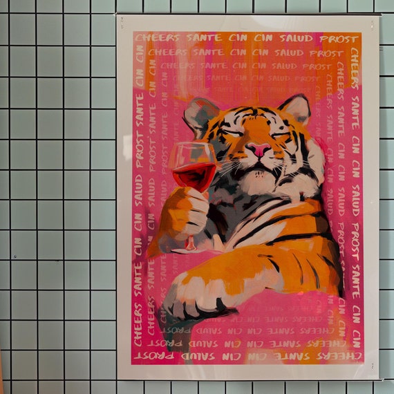 Tiger Wine Print, Kitsch Pink Art Print