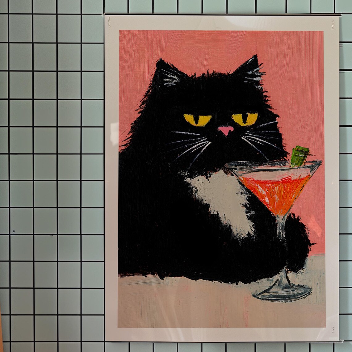 Funny Black Cat Cocktail Art Print Trendy Bar Cart Decor