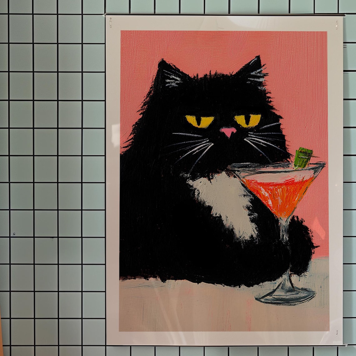 Grumpy Black Cat With Martini Glass Cocktail Bar Funny Cat Poster