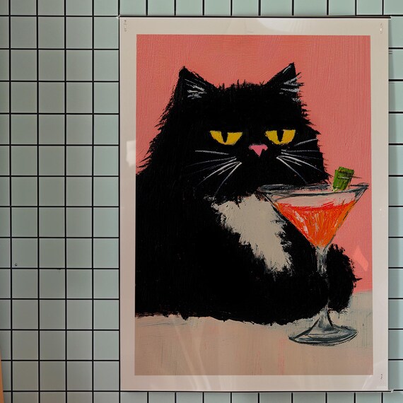 Funny Black Cat Cocktail Art Print Trendy Bar Cart Decor