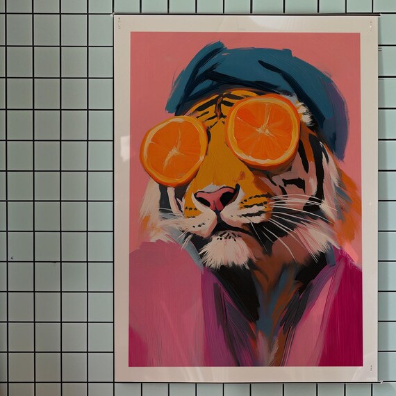Trendy Tiger Art Print Kitsch Pink Wall Decor