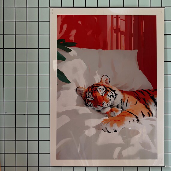 Tiger In Bed Art Print Funny Kitsch Bedroom Wall Decor