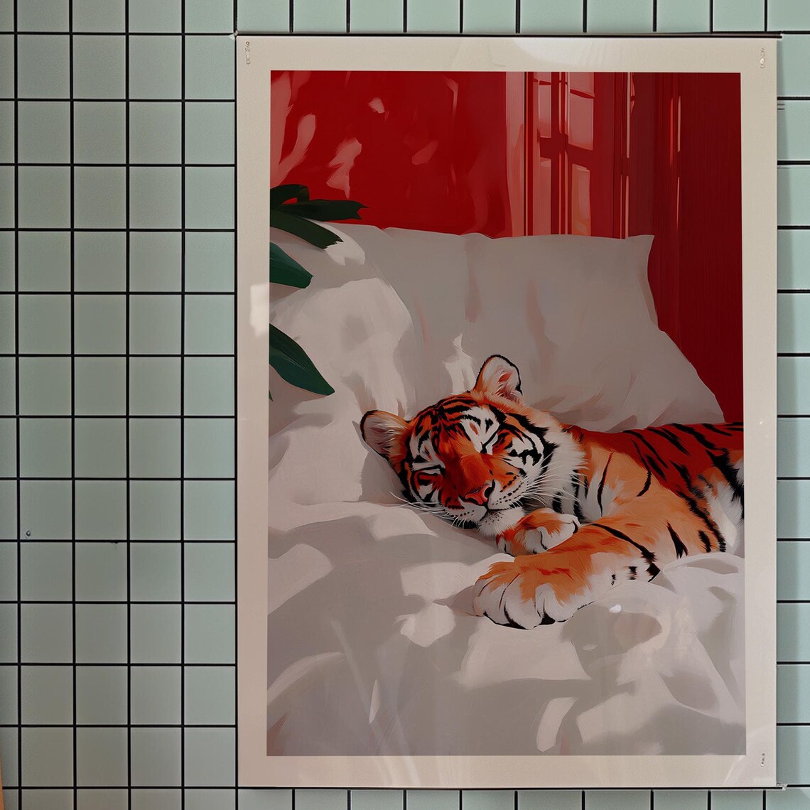 Tiger In Bed Art Print Funny Kitsch Bedroom Wall Decor