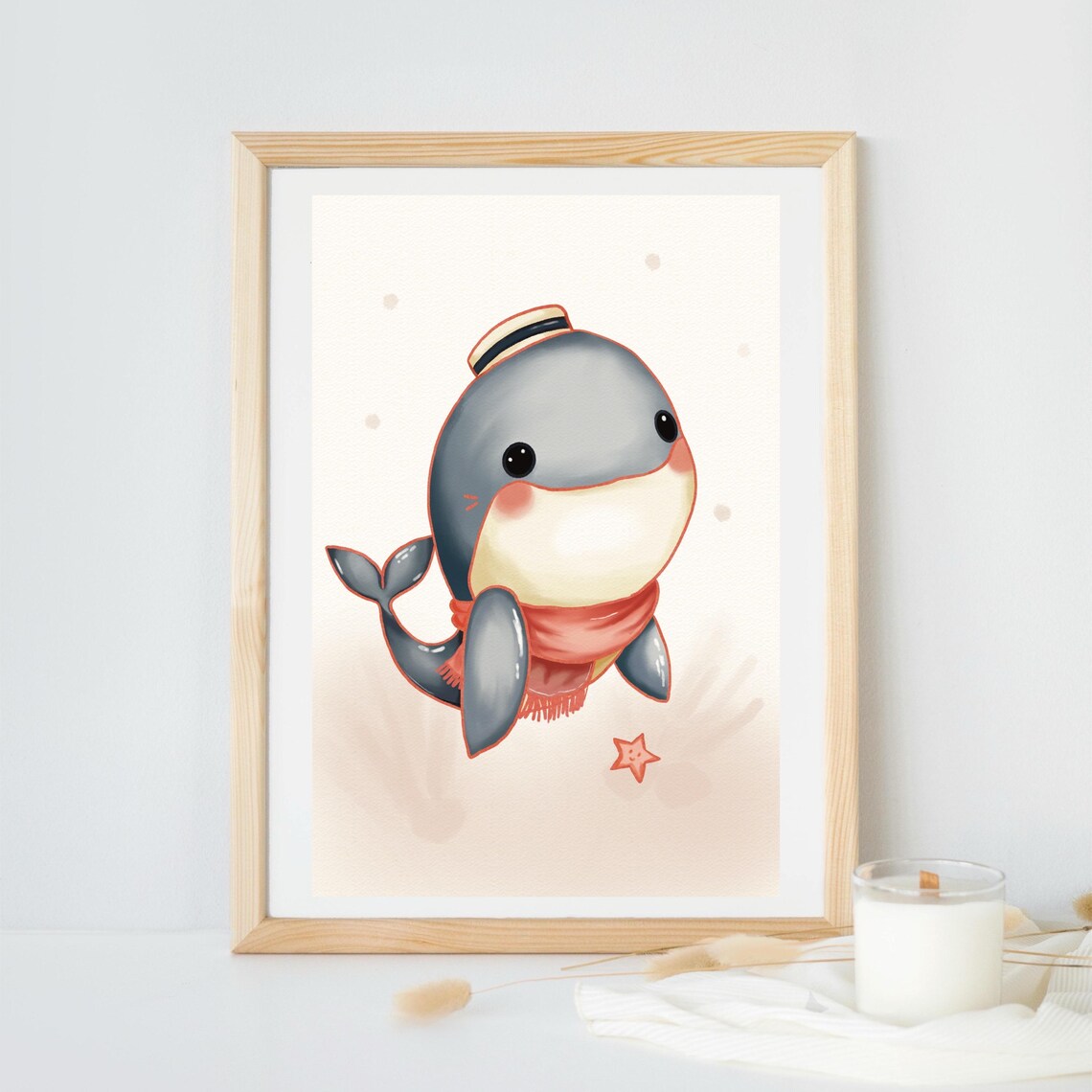 Cute Baby Whale in Sailor Hat and Red Scarf Cartoon Nursery Poster