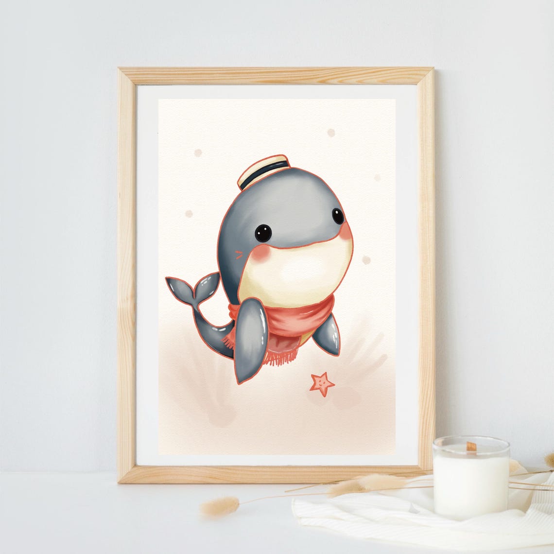 Cute Whale Watercolor Art With Scarf Summer Hat Nursery Wall Decor