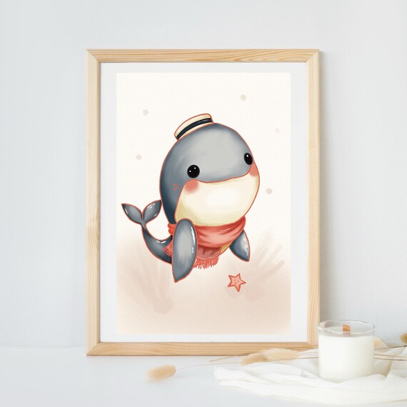 Cute Baby Whale in Sailor Hat and Red Scarf Cartoon Nursery Poster