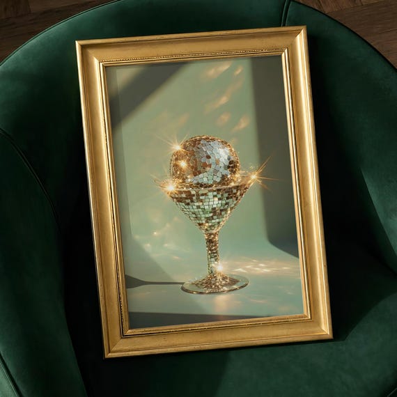 Disco Martini Glass Print Whimsical Cocktail Gold Wall Art Maximalist Mirrorball Poster Glam Girl Party Funky Girls Night Decor