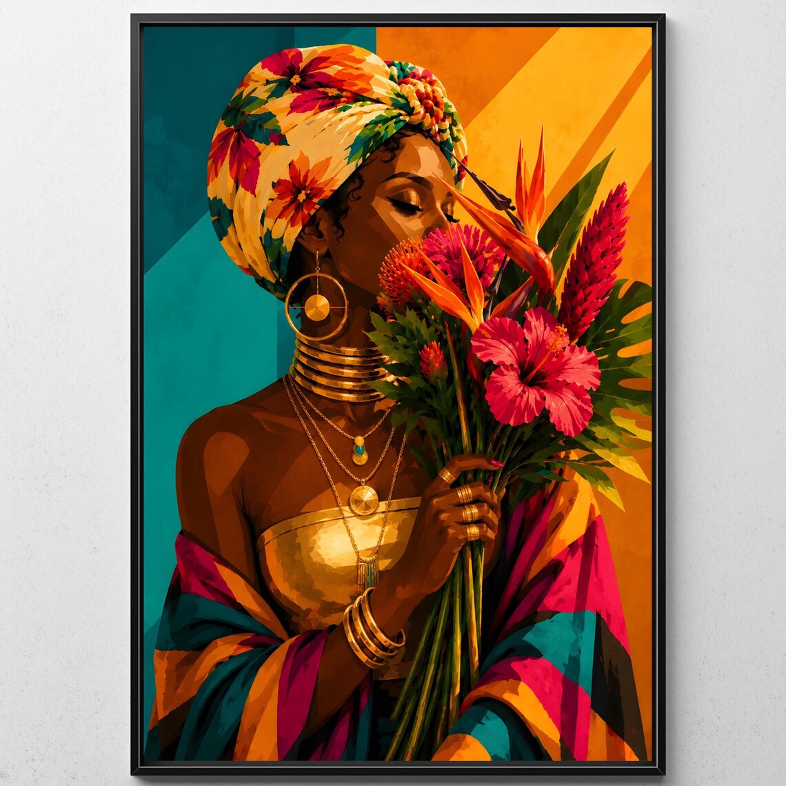 Afro Woman Portrait Print, Tropical Flower Art