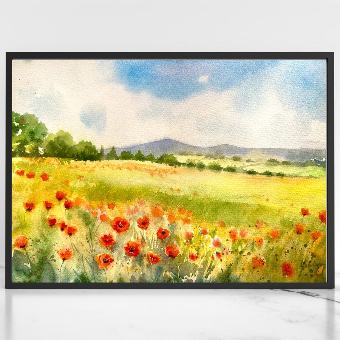 Poppy Meadow with Rolling Hills and Blue Sky Watercolor Poster - Image 6