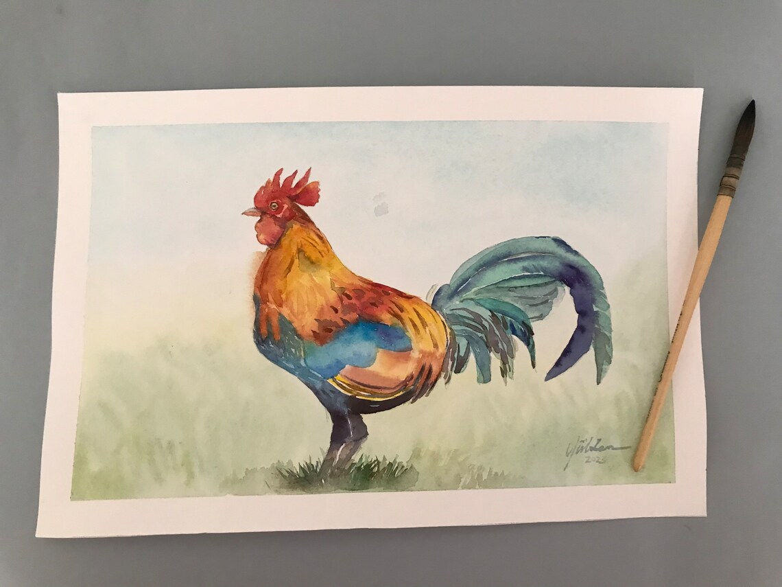 Vibrant Colorful Rooster Watercolor Painting in Orange and Teal Poster - Image 5
