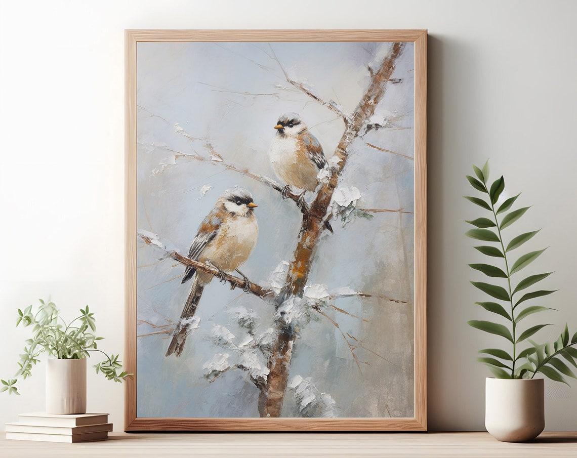 Two Chickadees on Snowy Branches Soft Winter Bird Painting Poster