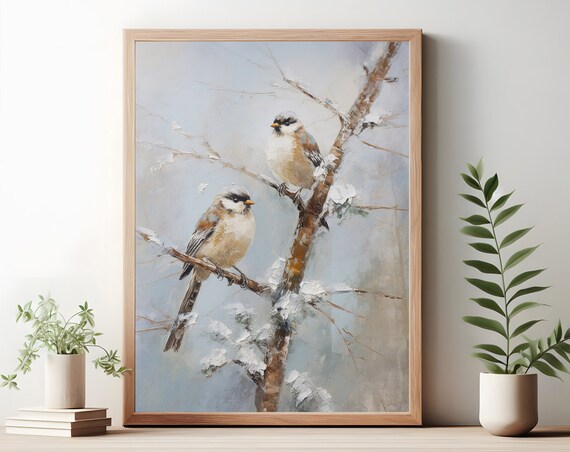 Two Chickadees on Snowy Branches Soft Winter Bird Painting Poster