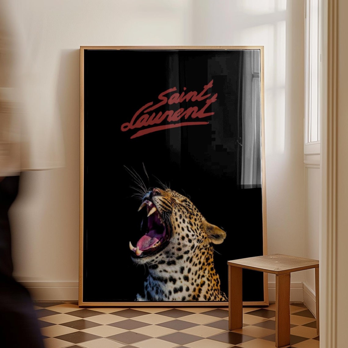 Saint Laurent Script with Roaring Leopard on Black Fashion Poster