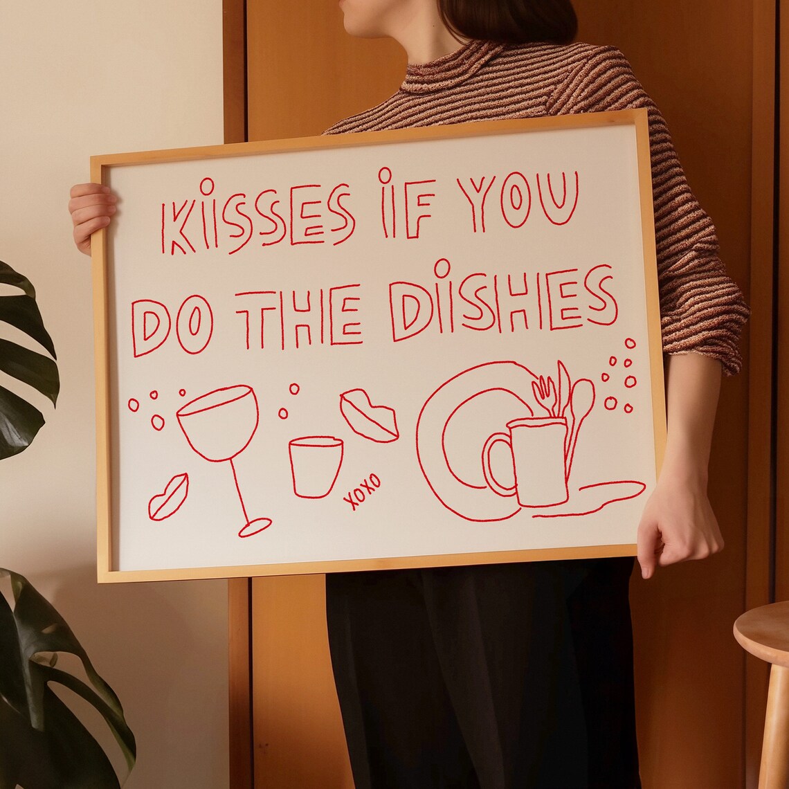 Kisses If You Do The Dishes Print Hand Drawn Print Horizontal Art Print Trendy Kitchen Art Above The Sink Poster Typography Print - Image 3