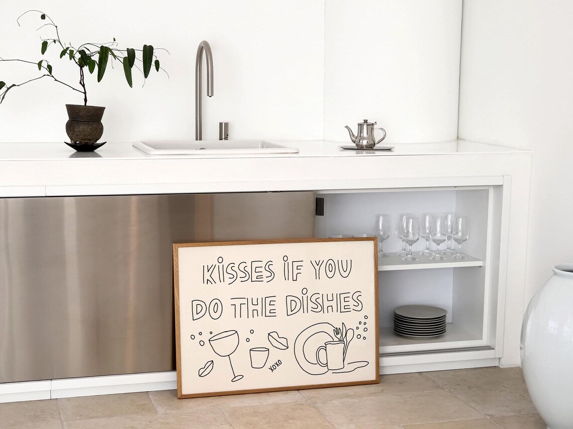 Kisses If You Do The Dishes Typography Kitchen Art Print