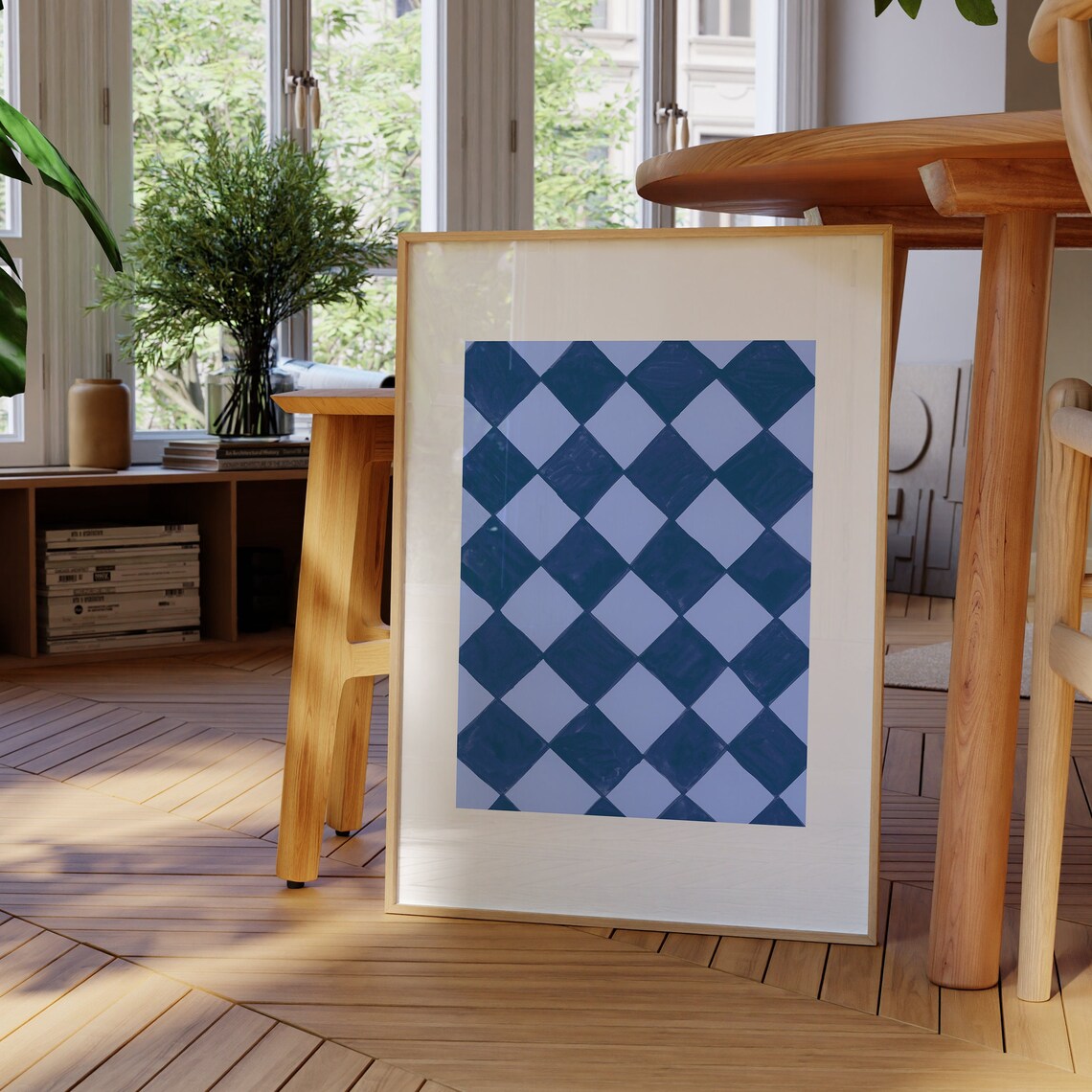 Blue Checkered Art Deco Checkerboard Art Print - Image 3