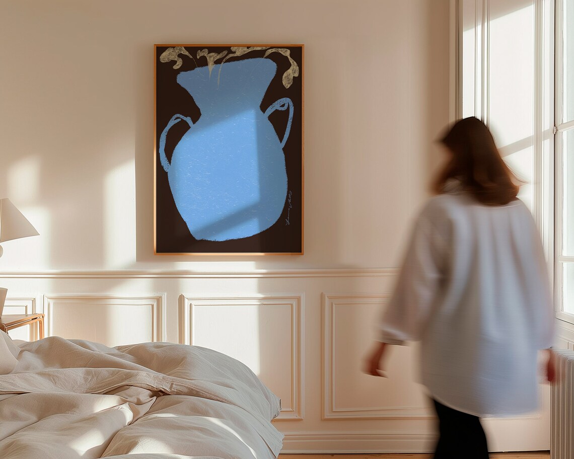 Blue Vase Abstract Floral Painting On Black Background Art Poster - Image 2