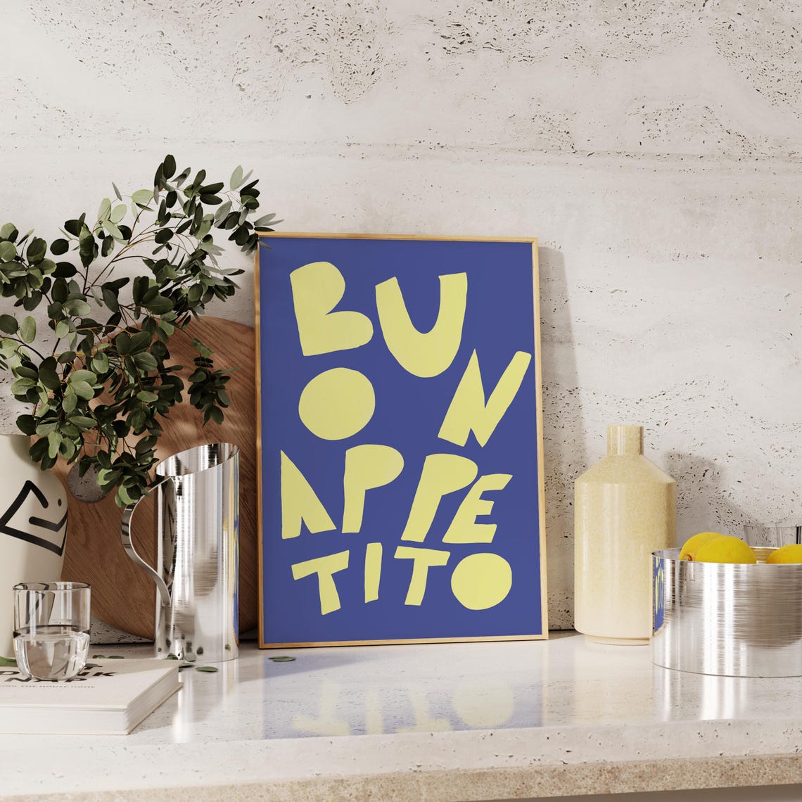 Buon Appetito Yellow Lettering Cobalt Blue Italian Kitchen Poster - Image 2