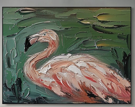 Colorful Flamingo Oil Painting Thick Textured Abstract Art Large Wall Art Living Room Decor Tropical Bird Artwork Bold Brushstrokes