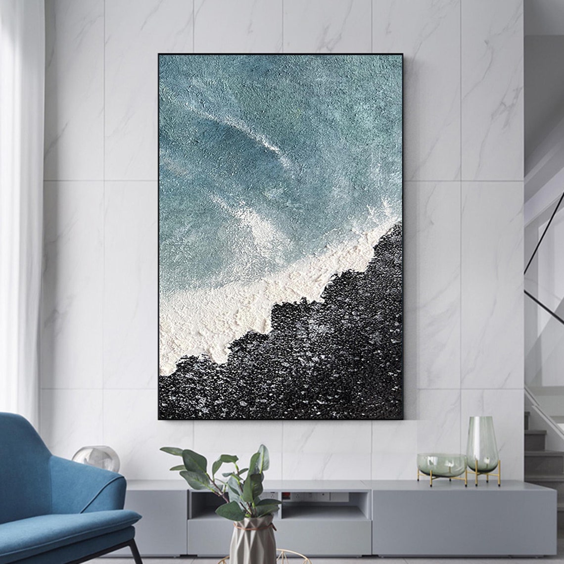 Stunning Aerial Ocean Wave Over Black Sand Beach Textured Wall Art - Image 5