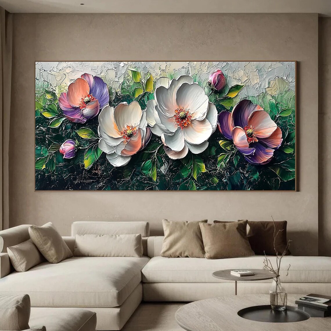 White Pink Purple Blooms Among Dark Green Leaves Floral Wall Art