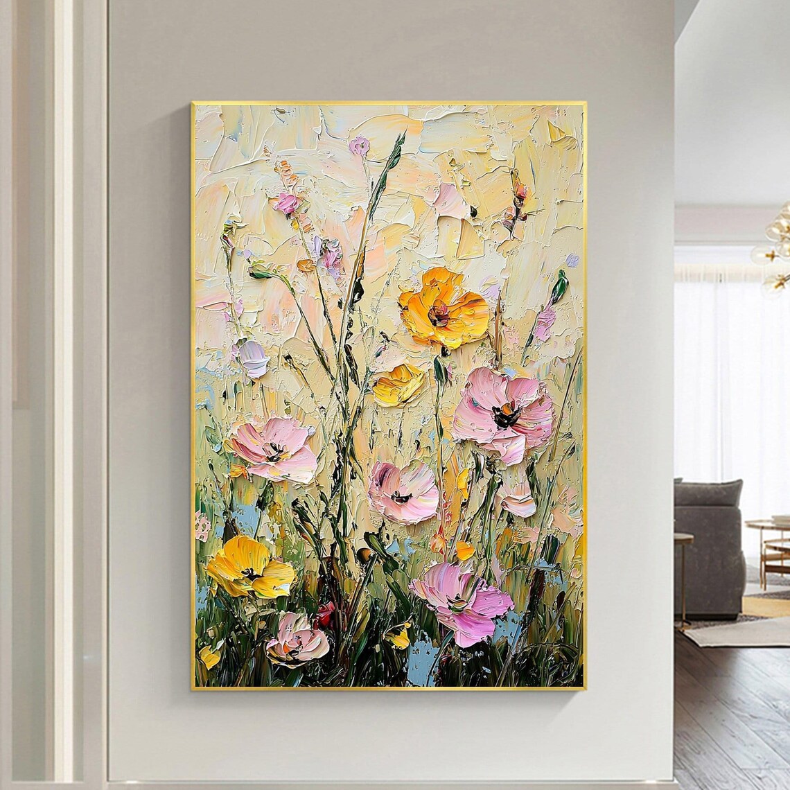 Pink Yellow Poppy Blooms Standing Tall on Cream Impasto Wall Art