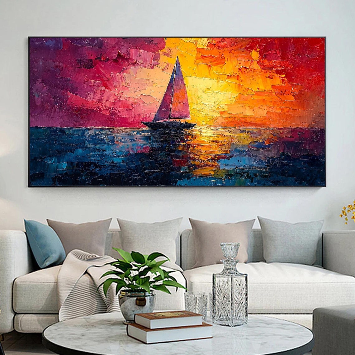 Original Nautical Sailboat Oil Painting On Abstract Sunset Painting Large Wall Art Custom Minimalist Painting Living Room Home Decor - Image 5