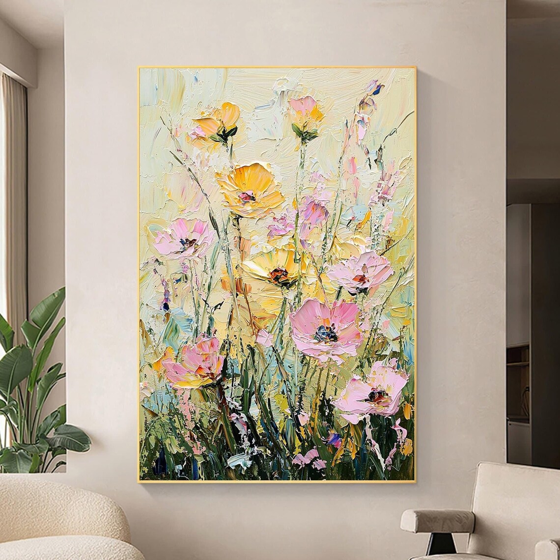 Yellow Pink Wildflowers Blooming on Pale Impasto Floral Wall Art
