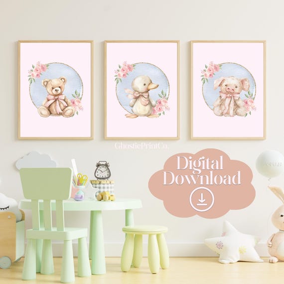 Pink Nursery Gallery Wall Set Vintage Kids Room Decor Girls Art Antique Animal Print Watercolor