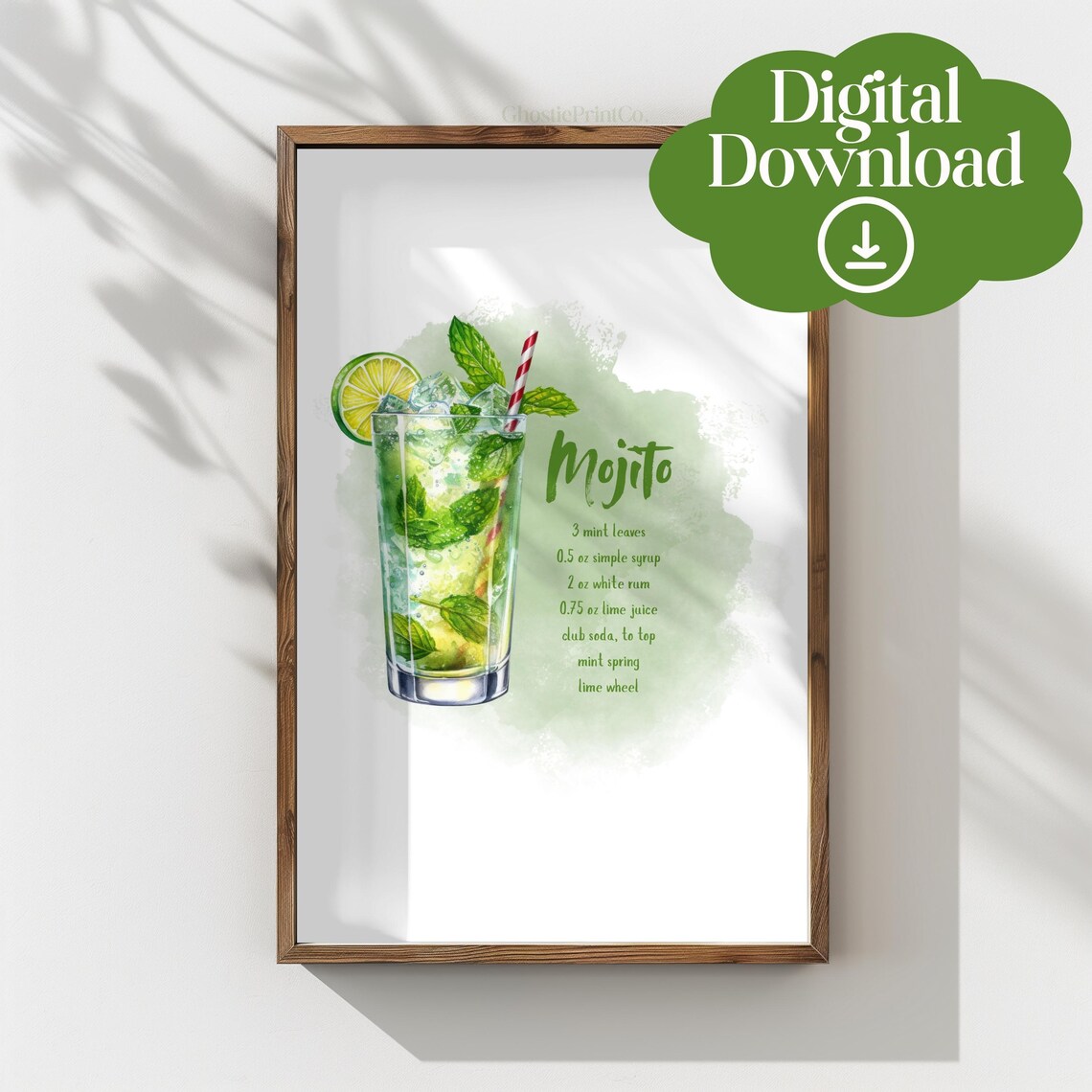 Mojito Classic Cocktail Recipe Watercolor Mint Lime Home Bar Poster