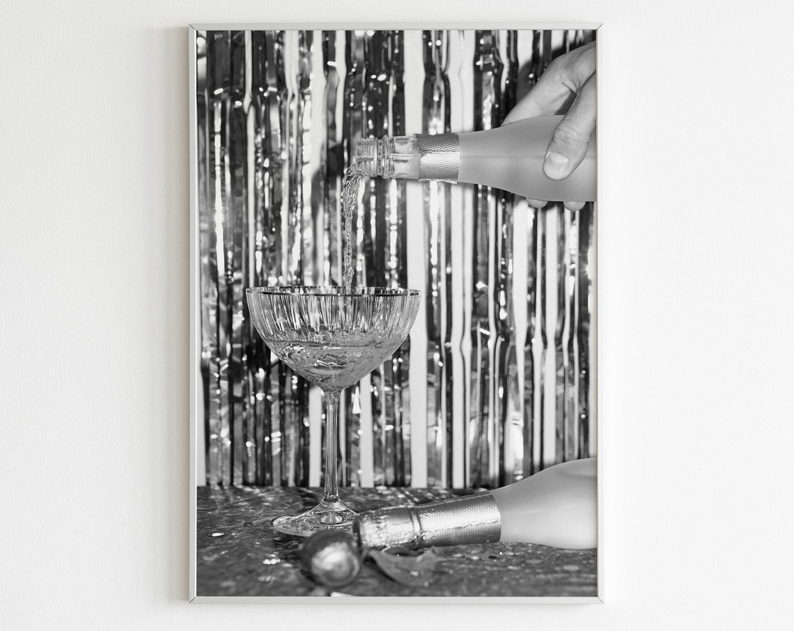 Black White Pouring Champagne Coupe Party Celebration Photo Poster
