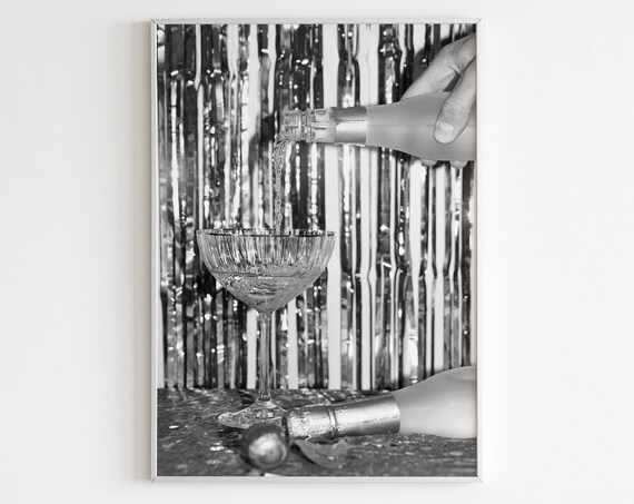 Black White Pouring Champagne Coupe Party Celebration Photo Poster