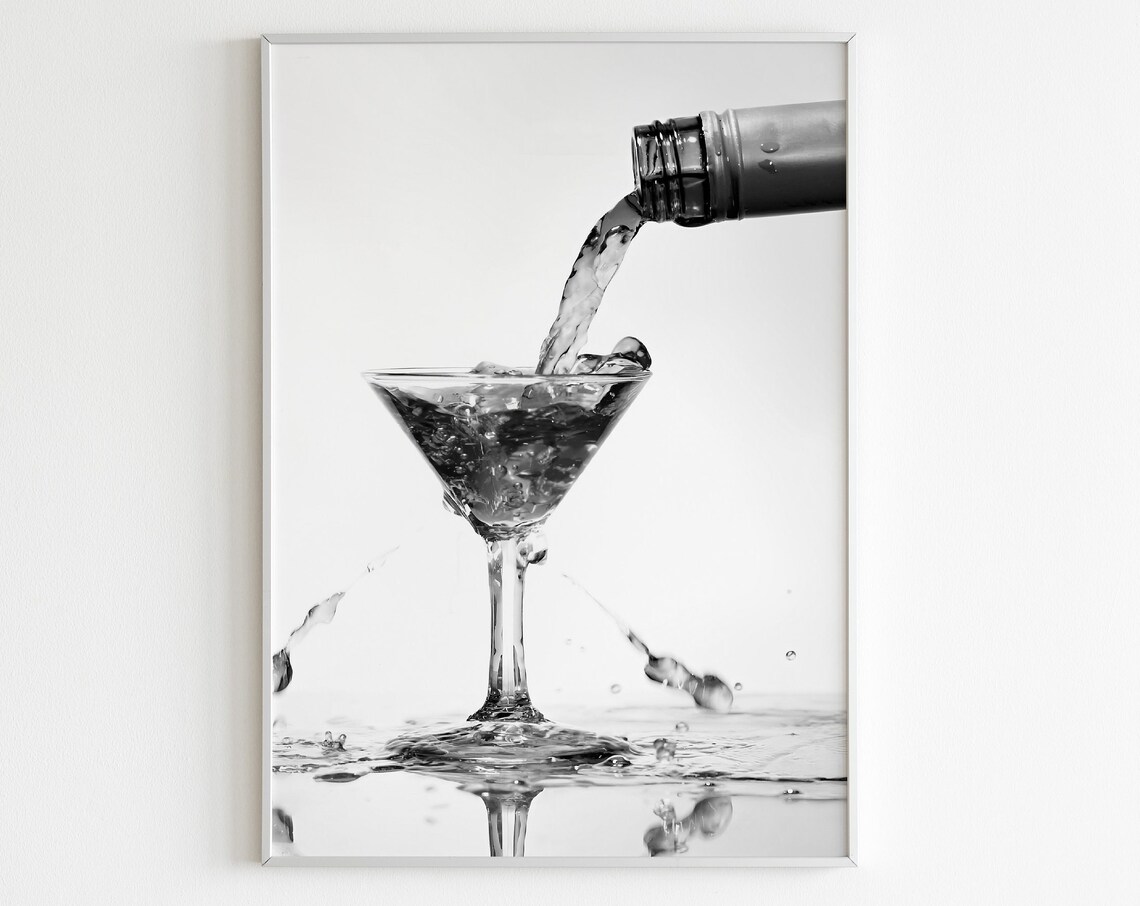 Vodka Splash Pouring into Martini Glass Black White Photo Poster